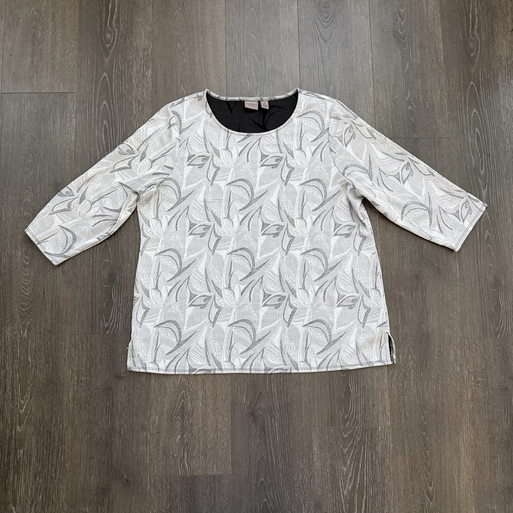 Chicos Easywear Jacquard Tunic Top Silver 3/4 Slit Sleeve Stretch Sz 3 XL Office